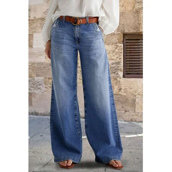 Jean délavé à jambes larges pour femme, vêtements Y2k, extensible, confortable, Vintage, pantalon en Denim, mode décontractée
