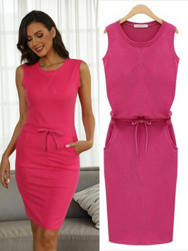 

Ladies Casual Party Dress New Summer Dress Women Sleeveless Pocket Belt Belt Pencil Mini Dress Beachwear