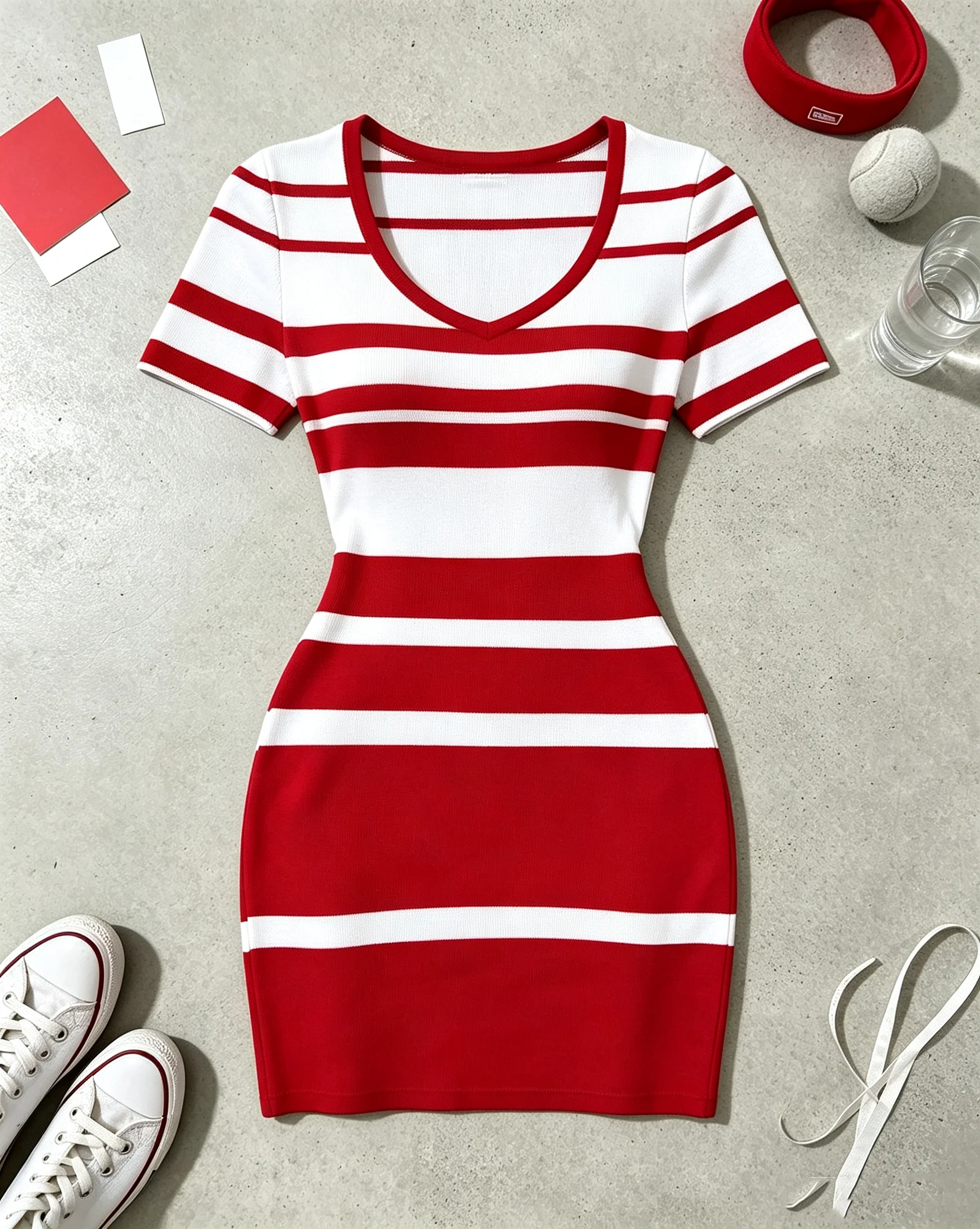 Elegant Casual Solid Color Striped Pocket Mini Dress Comfortable Round Neck Short Sleeve Long Skirt