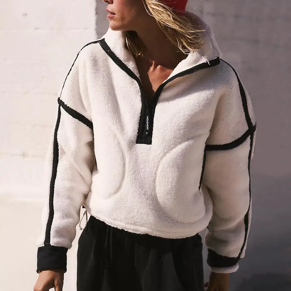 Winter Sweatshirt Cozy Color Block Zipper Sweatshirt for Women Thick Plush High Collar Pullover with Pockets Warm Winter Top