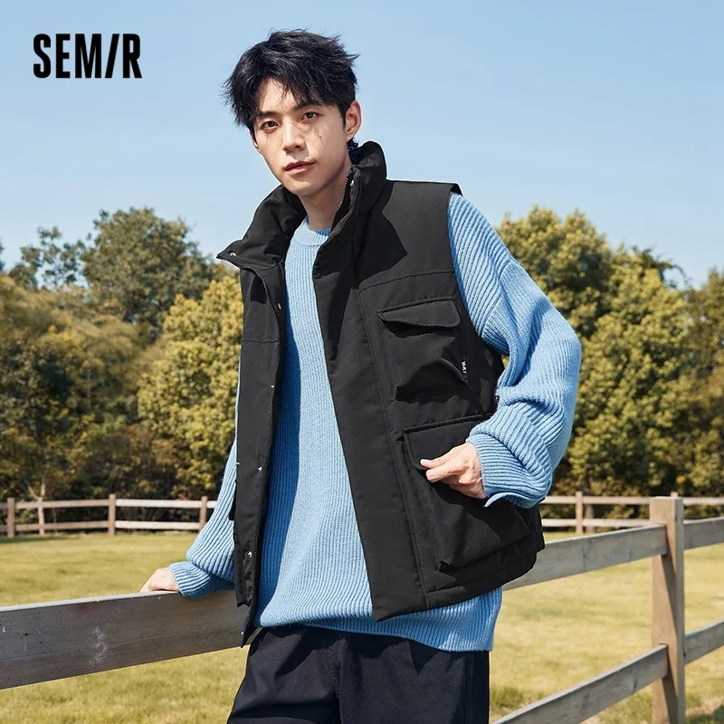 

Vest Men Loose Thick Sleeveless Short Waterproof Stand Collar Down Vest Tooling Style Winter New
