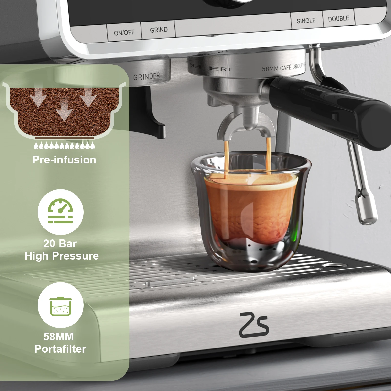 Espresso Coffee Machine,with 20 Bar Semi-Automatic,Grinder, Milk Frother Steamer Wand, 2.8 L Water Tank, PID Temperature Control 5