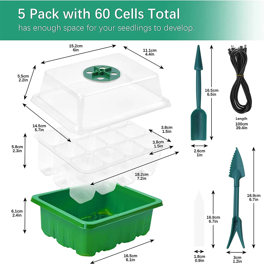 Reusable Seed Starter Trays with Grow Light Seedling Tray 5 Pack 60 Cells Humidity Adjustable Greenhouse Germination Kit