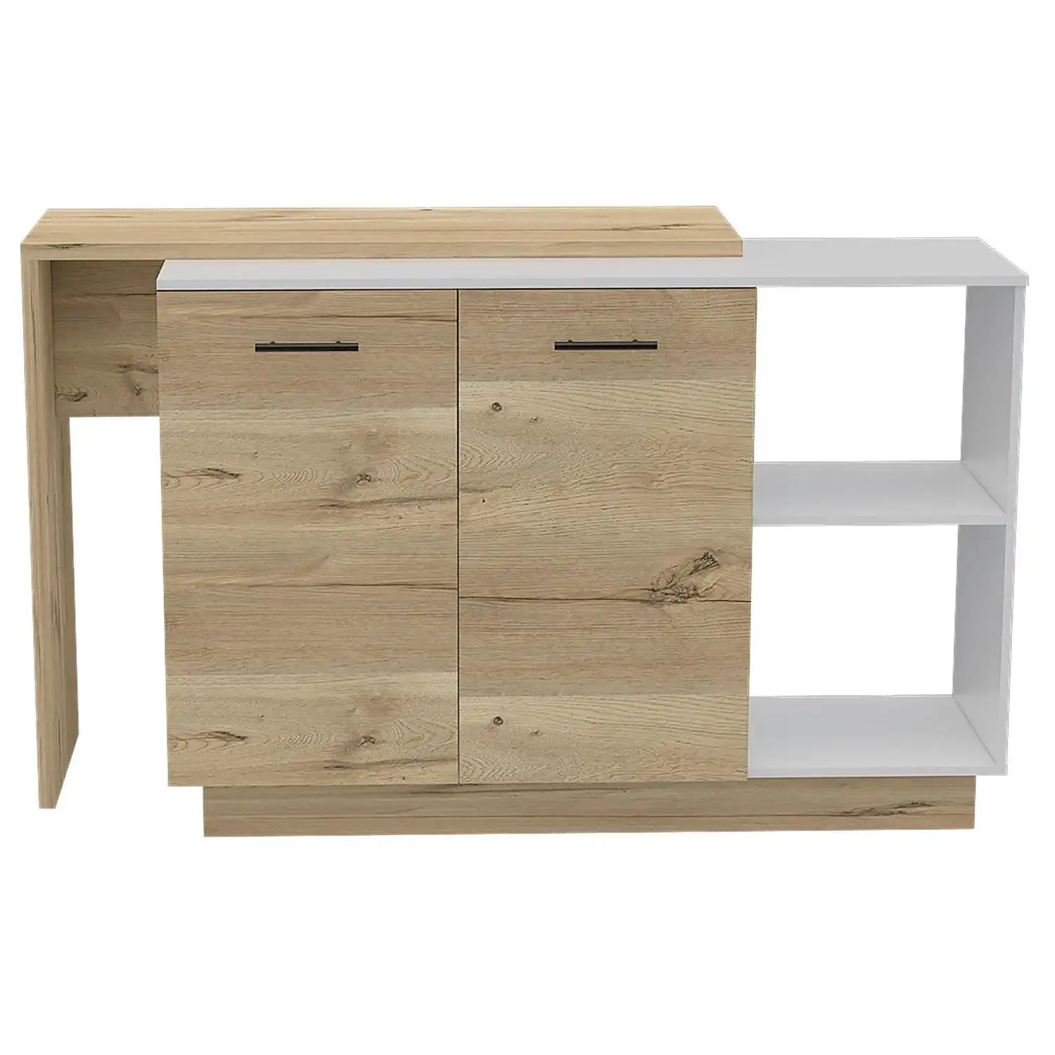 Sicilia Kitchen Island, Two  External Shelves, Double Door Cabinets, Three Shelves White / Light Oak 4