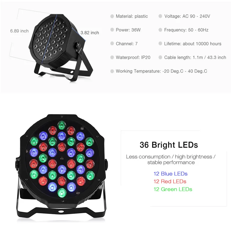 รูปสินค้า 36W Professional Disco light DMX512 ควบคุมเสียง RGB LED Ktv Bar Party DJ ตกแต่งเวทีแสงโปรเจคเตอร์ par โคมไฟ