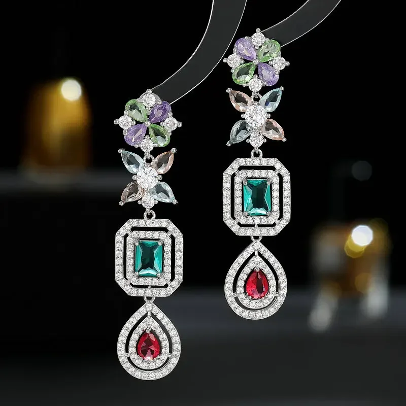 

Luxurious Long Four Tiered Floral Square Teardrop Earrings for Women Party