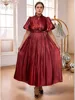 Elegant Women A Line Maxi Satin Dress Half High Collar With Lace Up Short Puff Sleeve Sequins Waist Pleated Evening Party Outfit