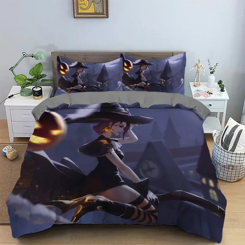 Three piece set of cross-border foreign trade European and American size bedding, witch pumpkin lantern quilt GREY