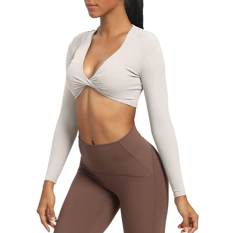 Yoga Top Sports T Shirt Women Long Sleeve Gym Crop Tops Twist Deep V Workout Quick Dry Padded