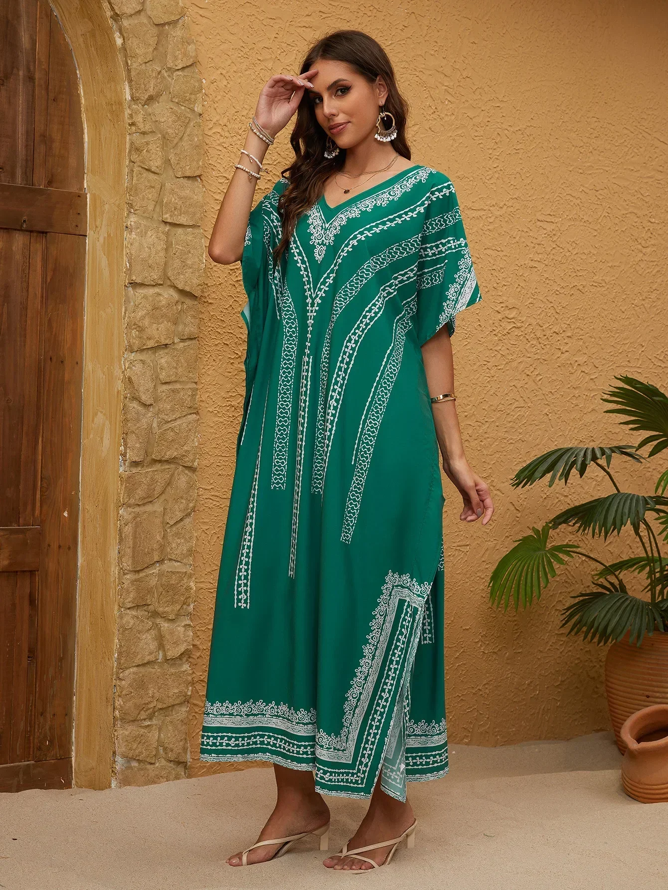 فستان قفطان شاطئ مطبوع للنساء ، بدلة سباحة بأكمام...