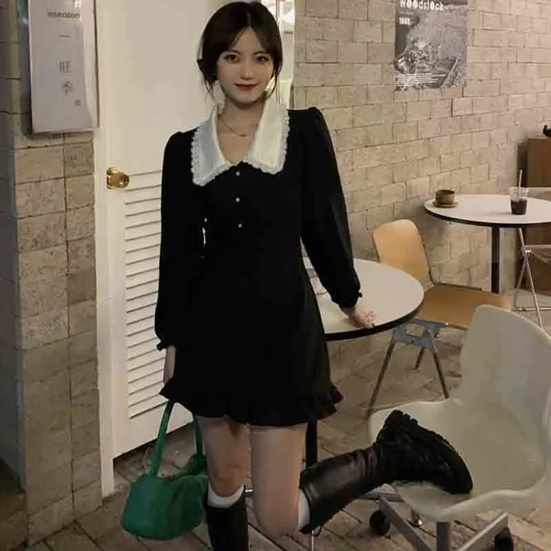 

Short Dresses Bodycon Wrap Robes Fashion Autumn Vintage Black Mini Dress Women French Lace Peter Pan Collar Ruffle