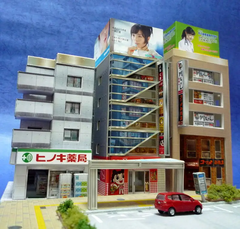 N-Scale Japanese Building Diorama 3D Paper Model Scene DIY Handmade Ornaments 3 commercial buildings 1:150
