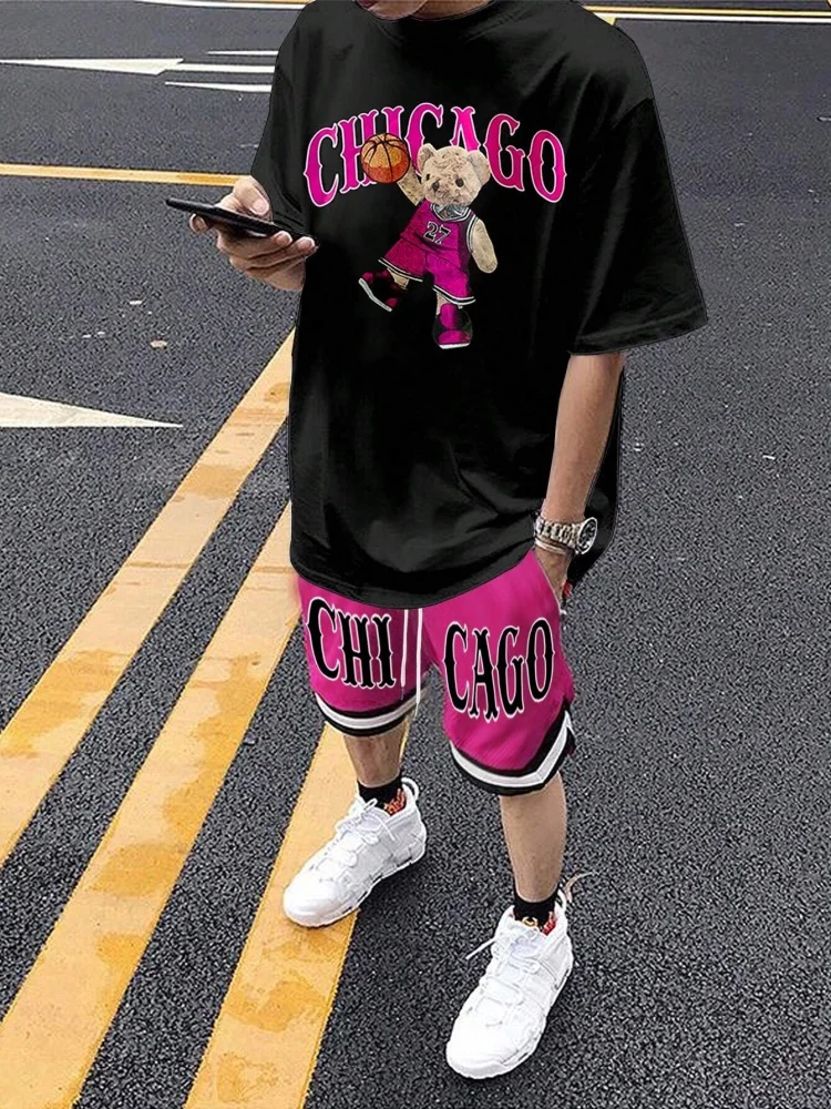 Cartoon Bear 3D Printed Men's Round Neck Short Sleeve 2pcs Suit Urban Street Trend Men's Top Outdoor Men's Drawstring Shorts 2