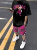 Cartoon Bear 3D Printed Men's Round Neck Short Sleeve 2pcs Suit Urban Street Trend Men's Top Outdoor Men's Drawstring Shorts 2