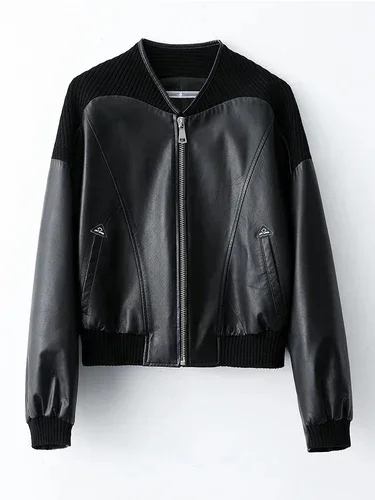 thumbnail image 1 of Chaqueta de cuero genuino con parches para mujer, tendencia 2024, abrigo de bombardero con cremallera de motocicleta recortado de piel de vaca real de alta gama, 1 of 5