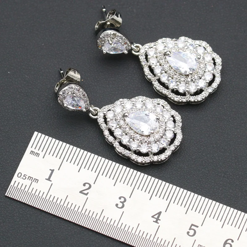 Exquisite White Cubic Zirconia Silver Color Jewelry Sets For Women Wedding Necklace Drop Earrings Bracelet Ring Free Gift Box