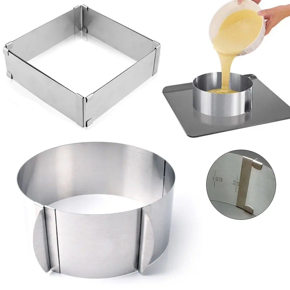 Adjustable Round&Square Mousse Ring Set Stainless Steel Mousse Ring Mold Wedding Cake Baking Mold Cake Decorating Tool 1-2pcs cake decorating tools cake baking mold