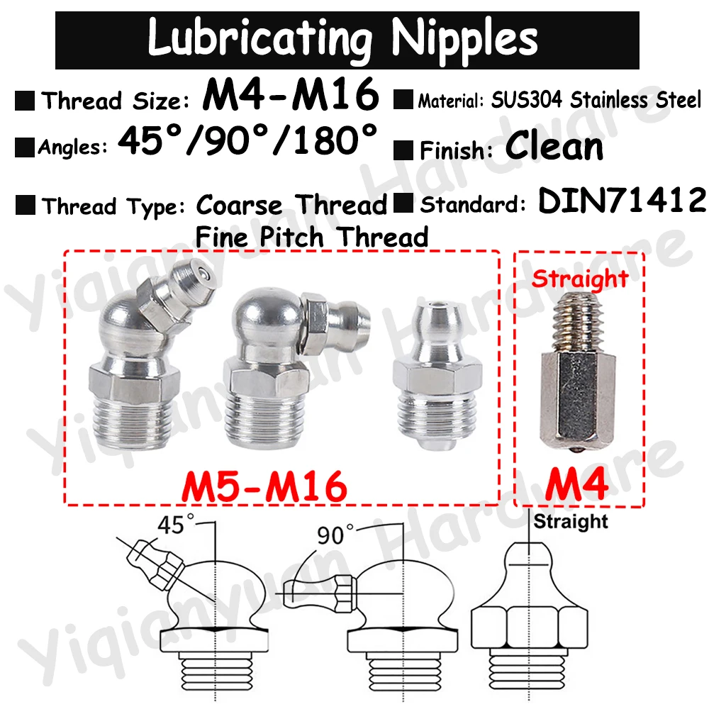 

1Piece-10Pcs M4~M16 45° 90° Straight SUS304 Lubricating Nipples Cone Type Hydraulic Grease Nipple Fittings DIN71412 Male Thread