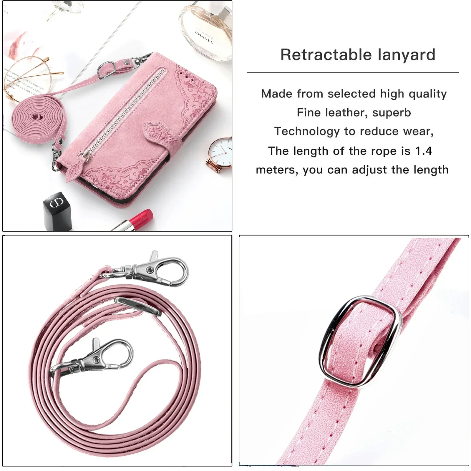 Leather Crossbody Wallet with Magnetic Lanyard and Card Slot Cover