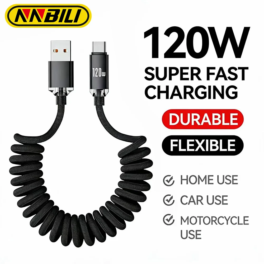 NNBILI 120W Car USBA to USB C Fast Charging For Samsung S26 Xiaomi Huawei USBC To UAB C Spring Telescopic Cable For iPhone 17 16