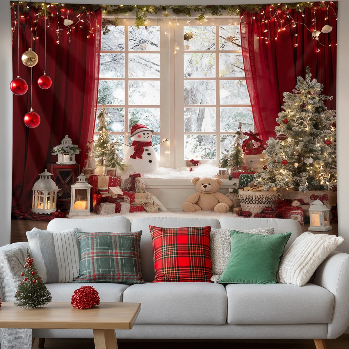 1 Stück Weihnachts-Wandteppich, festliche Weihnachts-Schneelandschaft, Weihnachtsbaum-Hintergrunddekoration, Banner, Poster, Dekoration, Wandteppich – Detail 29