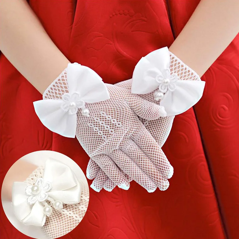 White Gloves Mesh Bow Lace Flower Glove Girl Kids Mittens Thin Princess Children Gloves Party Fashion Gifts