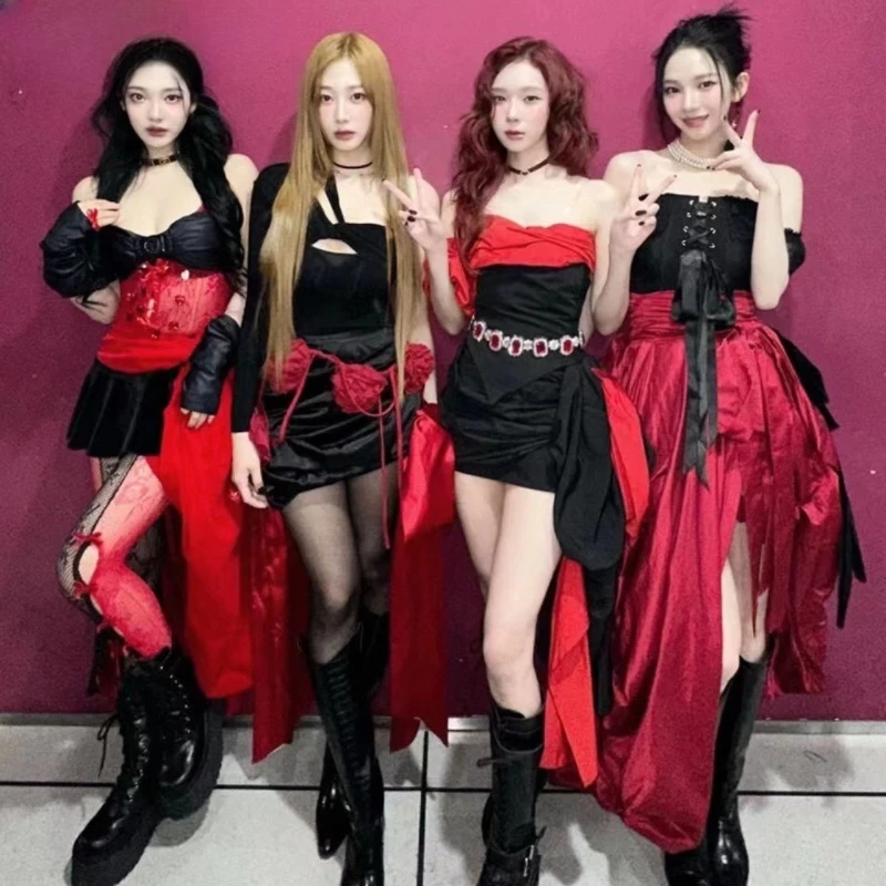 

Korean singer jazz dance sexy off the shoulder shirt top irregular lace up long skirt dance platform uniform concert costumes