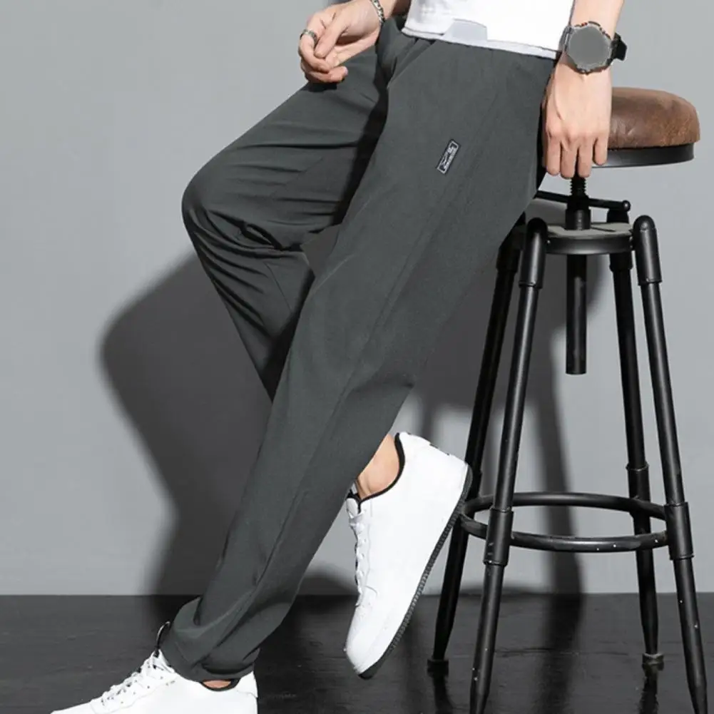 

Men Straigtht Pants Soft Breathable Mid Waist Casual Trousers Quick Dry Loose Pockets Male Pants Solid Color Men Long Trousers