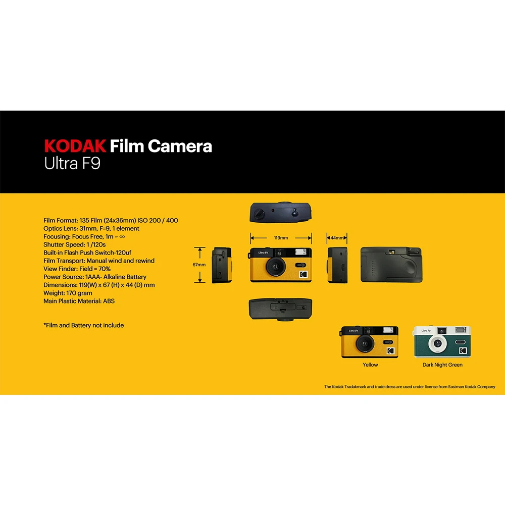 Kodak Ultra F9 F9S Classic Cameras 35mm Reusable Film Camera UltraMax 400 Film Travel Vacation Essential Yellow/Night Green