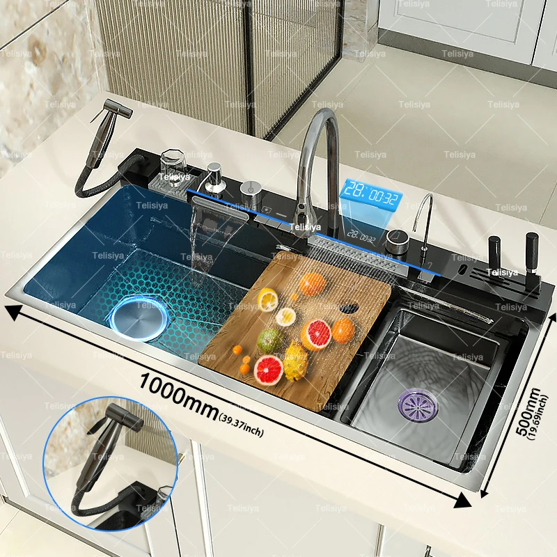 100*50CM Golden Stainless Steel Waterfall Kitchen Sink Multifunctional Single Slot Digital Display
