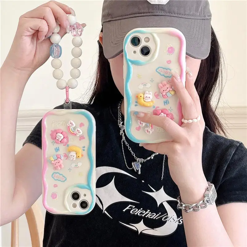 Lovely 3D Cartoon Flower Chain Phone Cases For iPhone 15 Pro Max