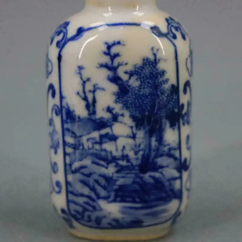 Chinese Blue and White Porcelain Qing Kangxi Mountain River Design Snuff Bottle 2