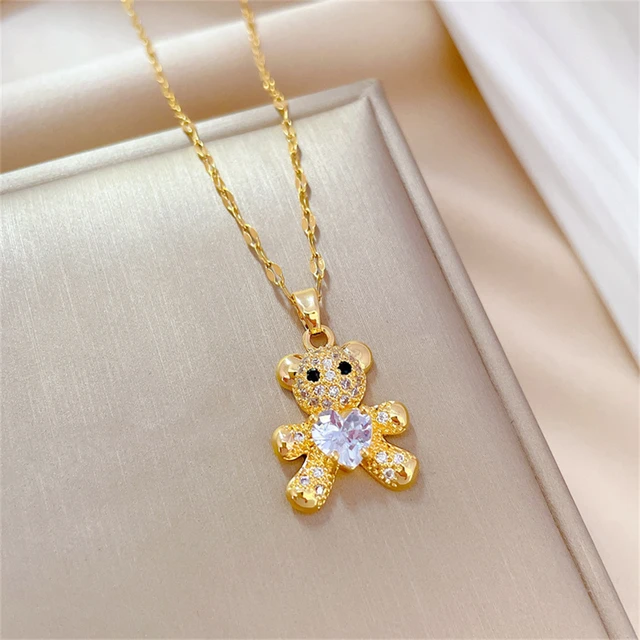 Fashion Crystal Heart Necklace For Women Jewelry Sets Stainless Steel Chain Cute Bear Stud Earring Mothers Day Gift 5