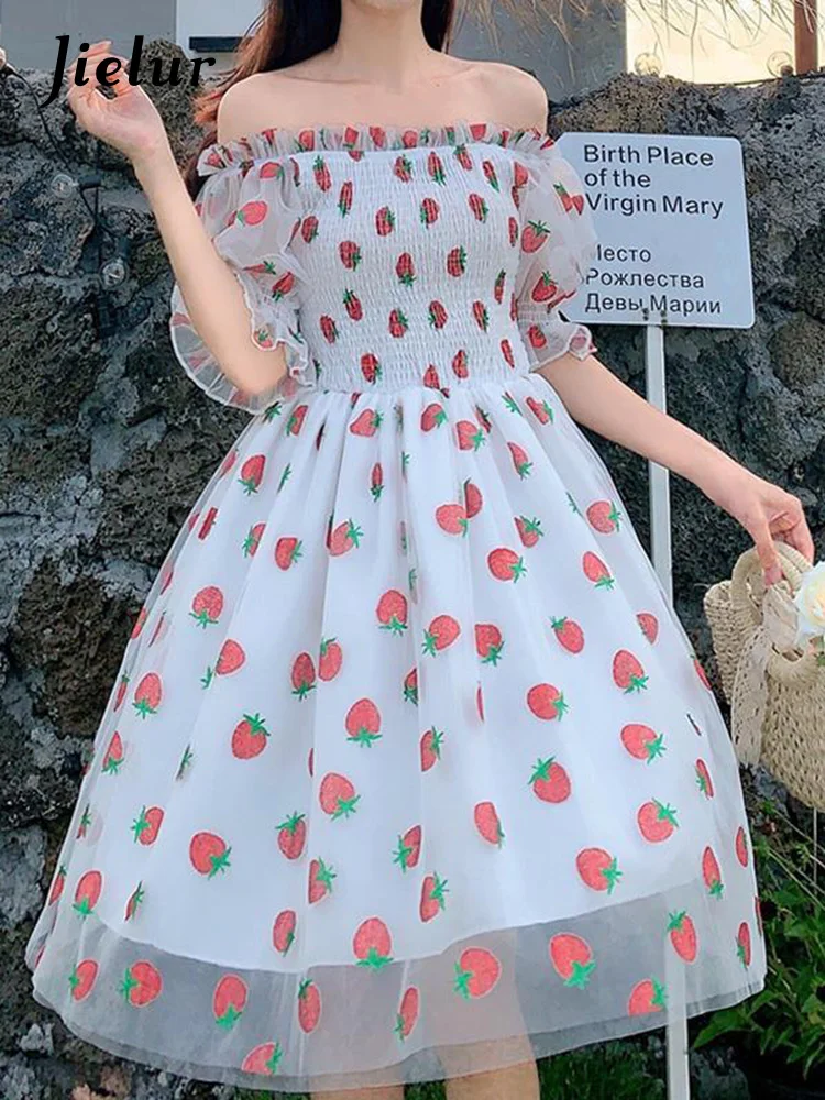 

Strawberry Dress Women French Style Lace Chiffon Sweet Dress Puff Sleeve Elegant Printed Kawaii Dress Women New