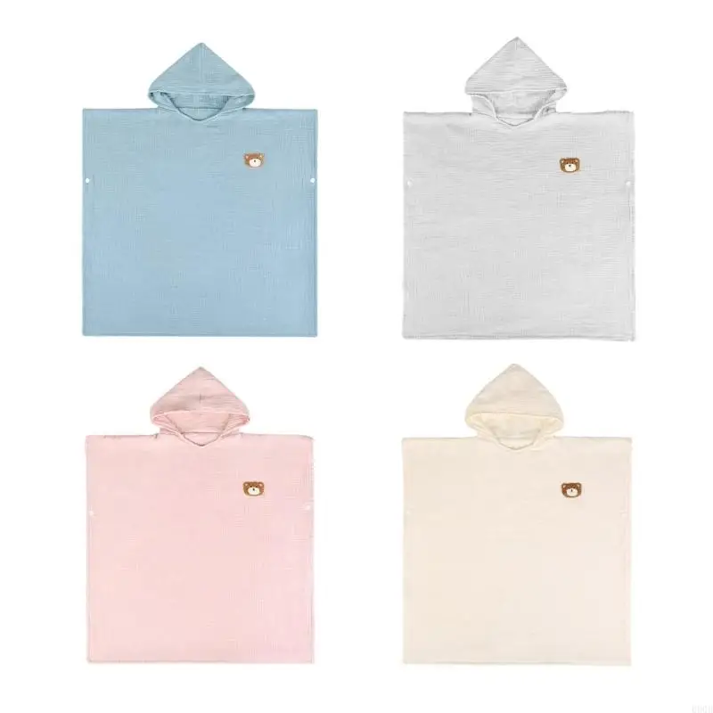 090B Warm Hooded Toddler Poncho Towel 4 Layer Cotton Towel Large for Bath & Sunshade