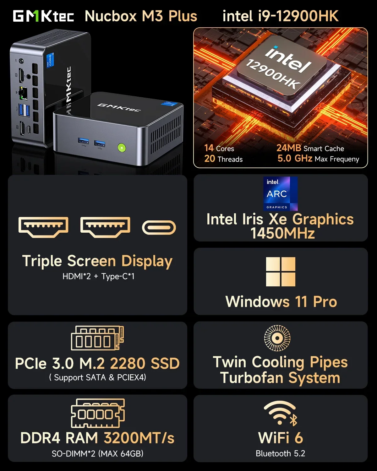 GMKtec M3 Plus Core I9-12900HK Mini PC Windows 11 Pro DDR4