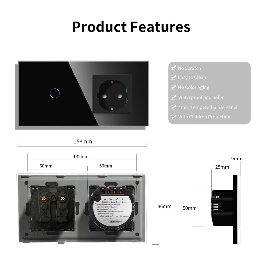 Description Picture 6 of itemZigBee Switch Need Neutral Smart Light Switches,EU Power Socket Parts,Black Glass Panel USB Wall Outlets DIY Part Smart Home