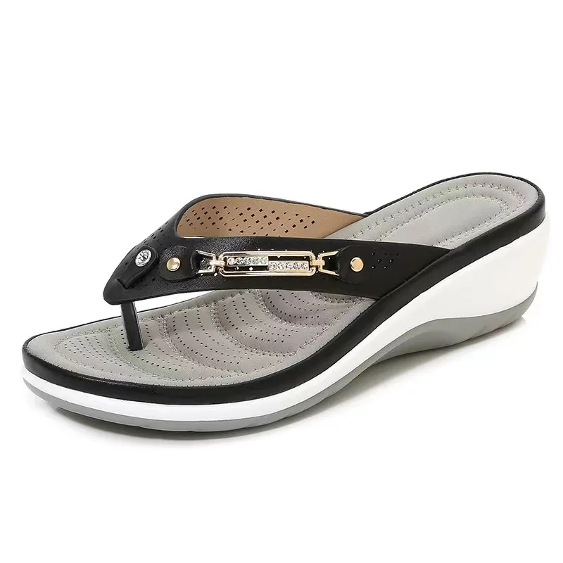 Women Summer Wedge Slides Sandals Fashion Metal Button Slippers Beach Shoes Gift
