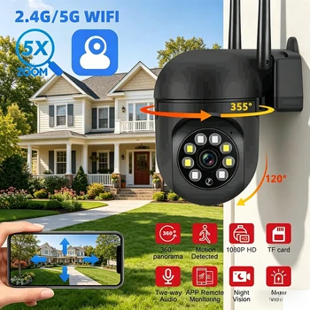 Indoor PTZ Camera 1080P Dual Band 2.4G/5G WiFi Full Color Night Vision Two Way Audio AI Motion Detection Home Security Cam 1