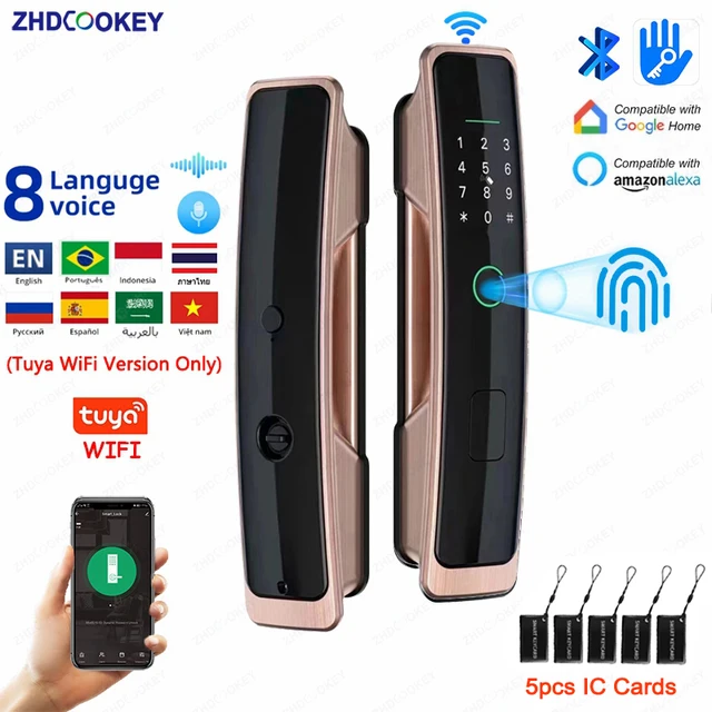 8 Languages Tuya WiFi APP Password IC Card Fingerprint Biometric Digital Keypad TTlock Bluetooth Smart Door Lock with Alexa 1