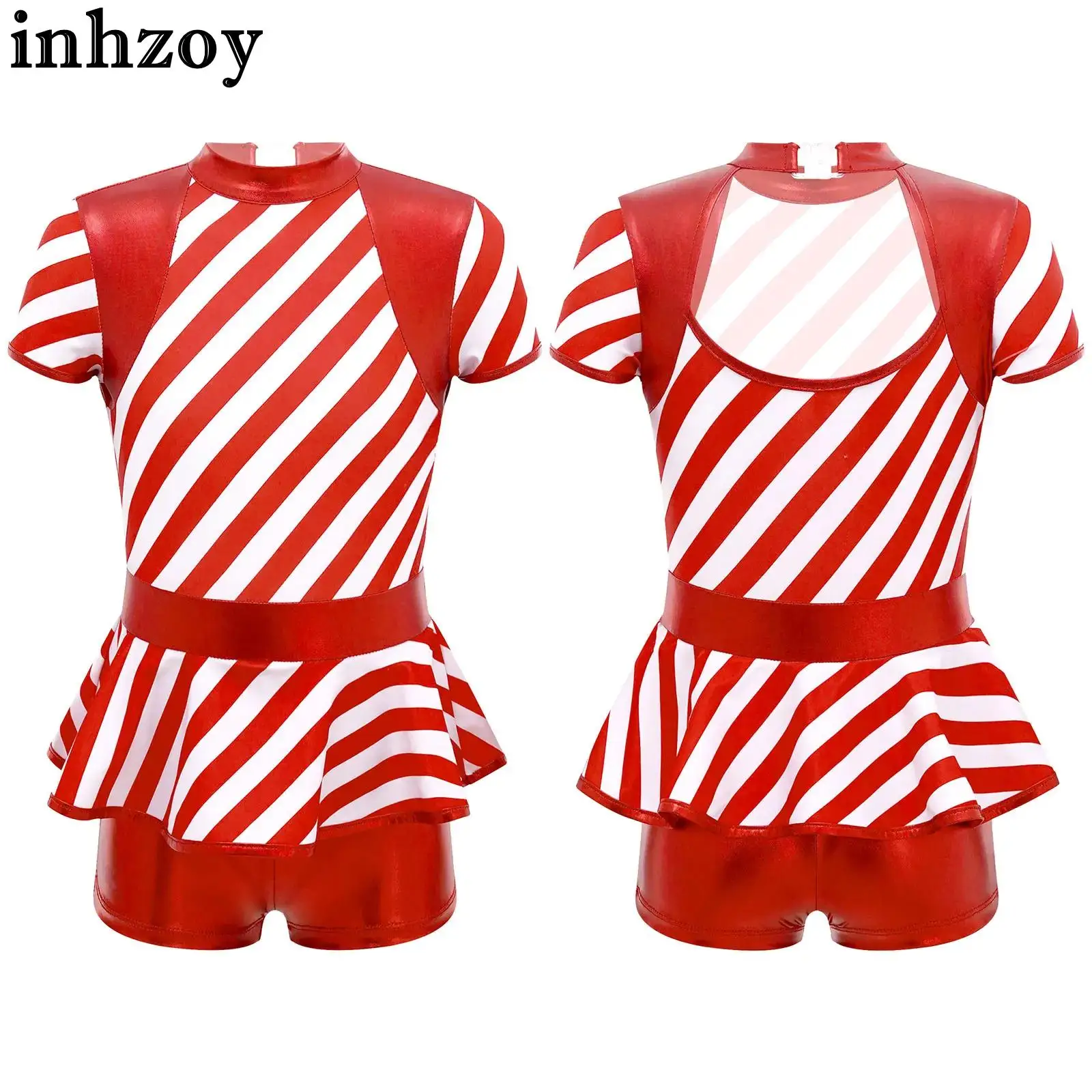 

Kids Girls Christmas Costumes Xmas Party Stage Performance Shorty Unitard Dress Short Sleeve Striped Leotard Jumpsuit Dancewear