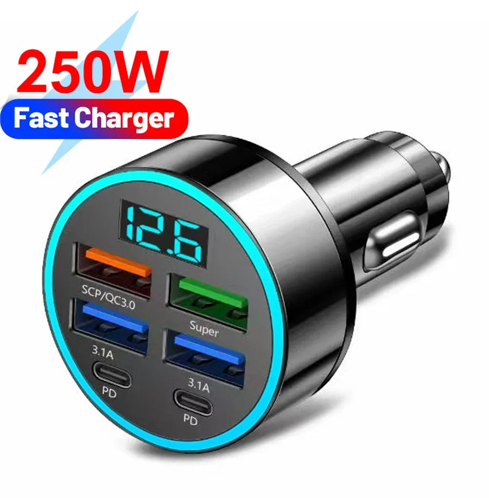 Caricabatteria da auto da 250 W 4USB QC3.0 PD Tipo-C Caricabatteria da auto con display digitale 3.1A con adattatore di alimentazione per auto multiporta con rilevamento della tensione