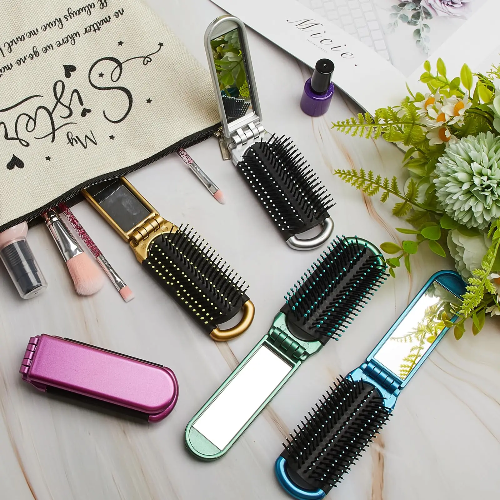 20Pcs Travel Brush Compact Portable Folding Hair Brush with Mirror Bulk Pocket Travel Size Mini Hair Brush for Men Women 6