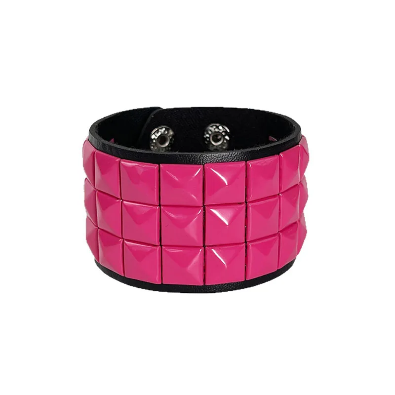 Women's Punk Pyramid Stud Leather Bracelet Adjustable Hot Pink Wide Cuff Bracelets Gothic Fashion Wristband Hand Jewelry Gift 6