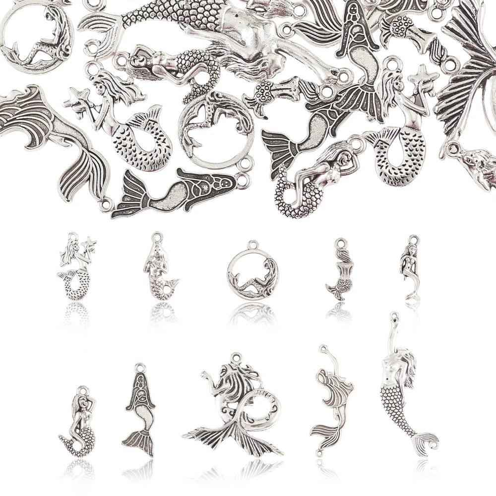 100pcs Mixed Antique Silver Sea Life Charms Marine Sea Animal Charms Tibetan Mermaid Charms for Jewelry Making Crafts Bulk