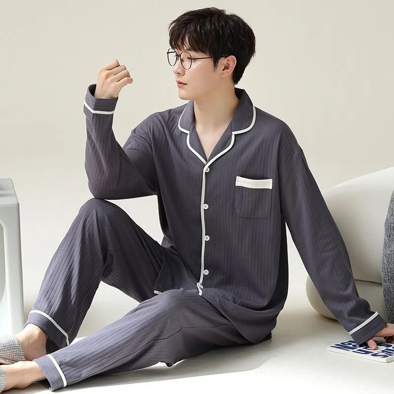 2023 New Men Pajamas Spring Autumn Loungewear Cotton Long Sleeve Boys Cotton Homewear Suit V-neck Loose Casual Nightwear