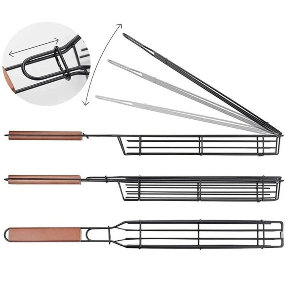 Barbecue Basket Bar Shape Iron And Steel Wire Wood Skewer Portable BBQ Grilling Basket Bar Kabob BBQ Grilling Tools