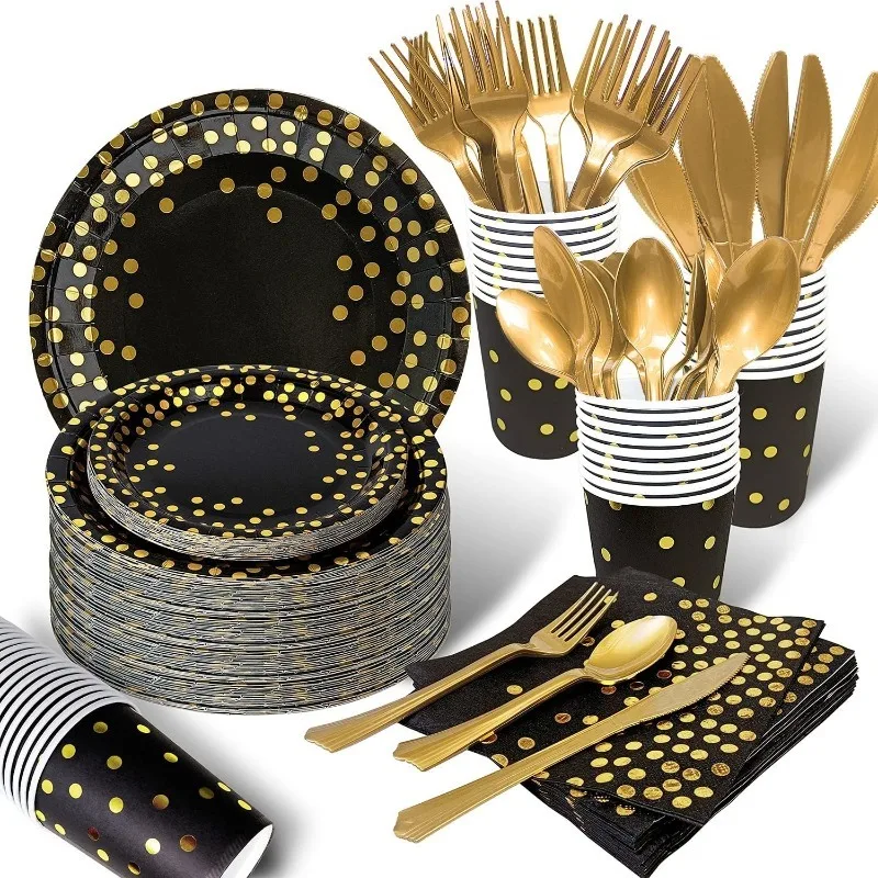 

350PCS Black and Gold Party Supplies Severs, 50 Disposable Party Dinnerware,Gold Plastic Forks Knives Spoons and Golden Paper
