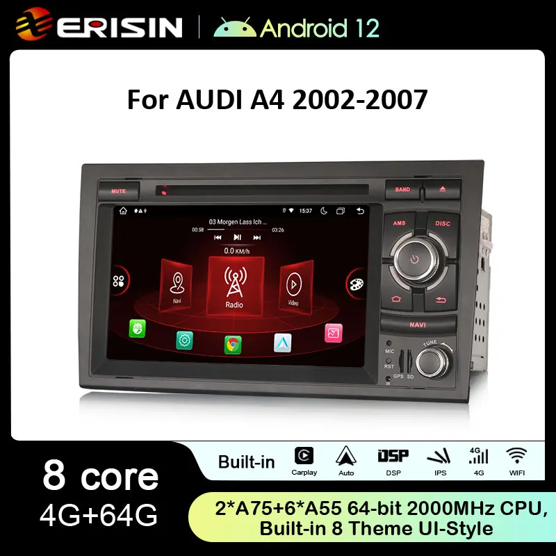 Erisin 안드로이드 12.0 오토라디오 GPS 내비게이션, 아우디 A4 S4 RS4 B9 B7 시트 EXEO 무선 카플레이, 자동 4G WiFi BT DSP, ES8938A, 8 코어