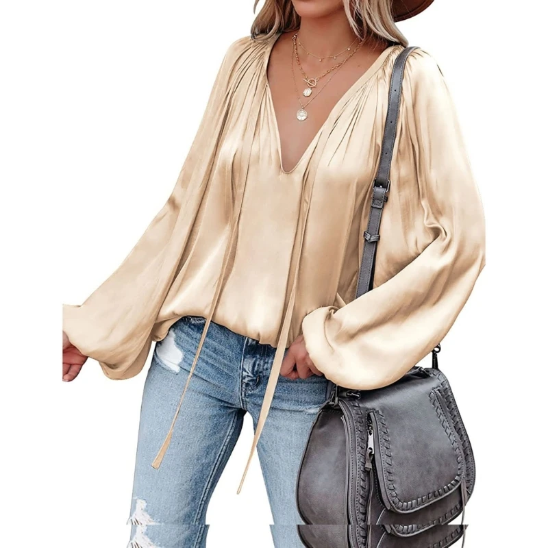

Women Silk Stain Tshirt Long Sleeve V Neck T-Shirts Casual Loose T-Shirt Fashion Blouses Tops Tunics Tees Solid Color 57BD